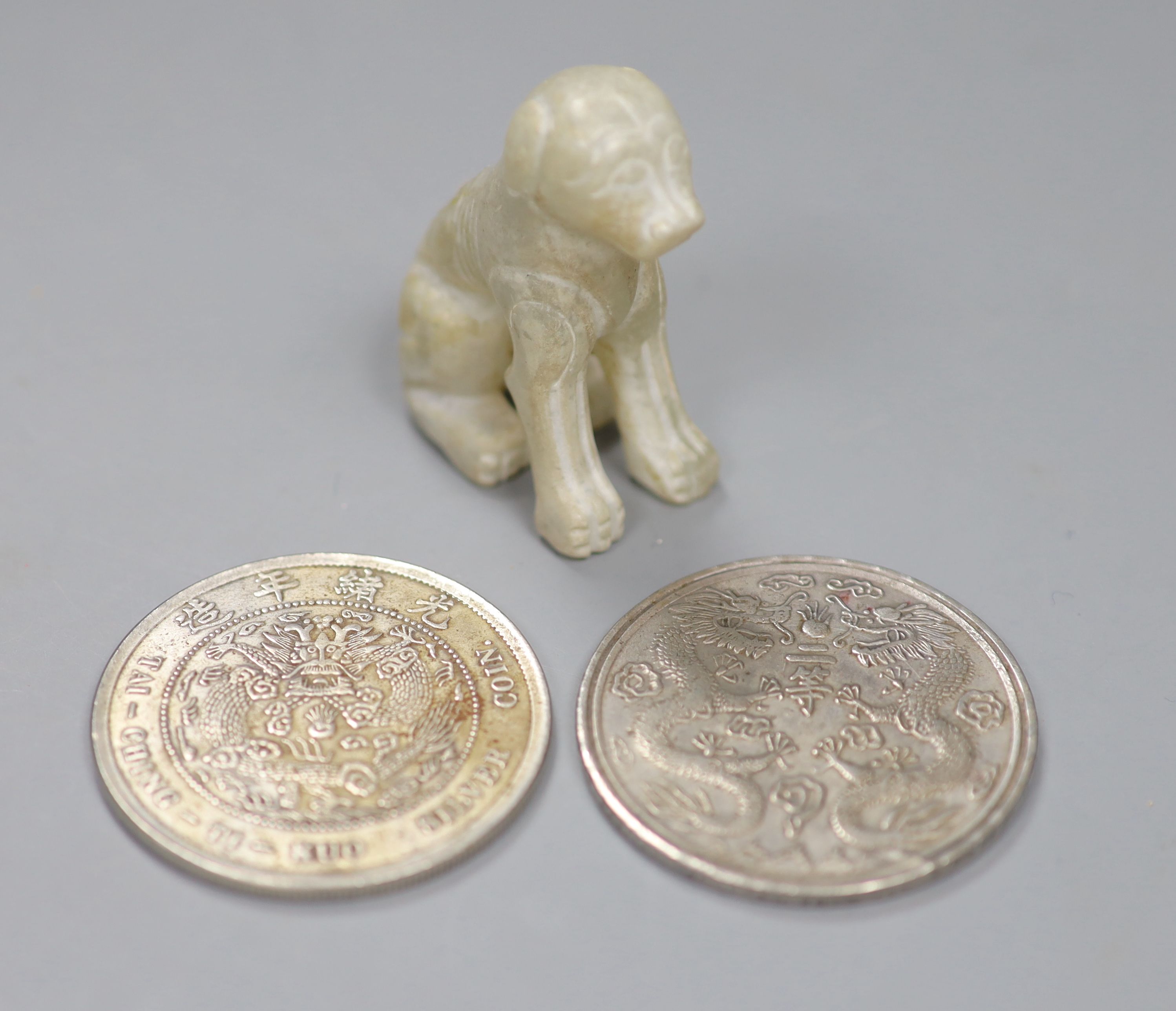 Two reproduction Chinese coins and a hardstone carving